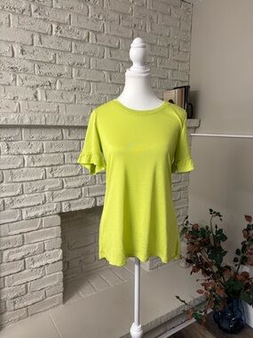 Tribal Neon Lime Ruffle Sleeve Crewneck Tee Size Small
